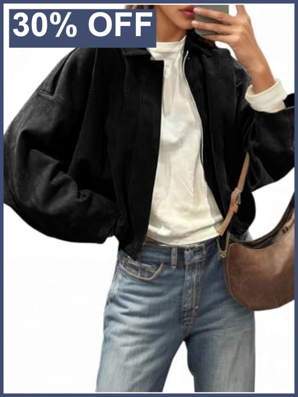 Faux Suede Bomber Jacket Oversized Cropped Zip Up Casual Coat
